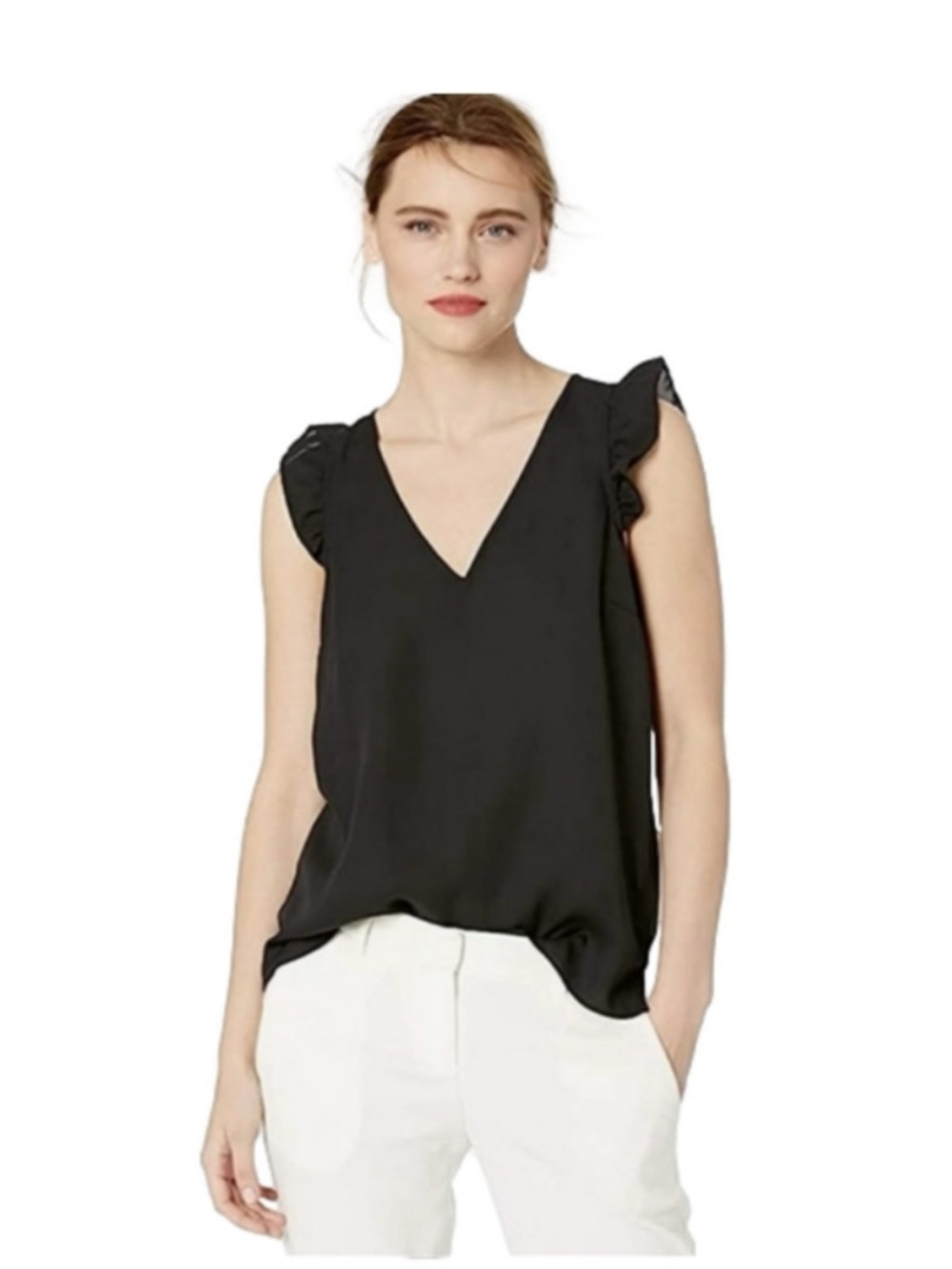 J. Crew Factory Black V-Neck Ruffle Sleeve Top